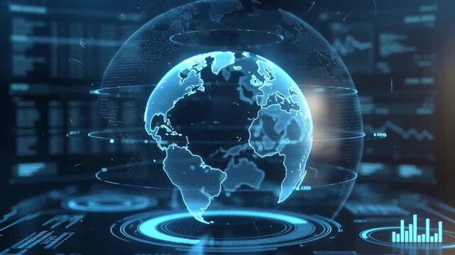 Realistic holographic interface displaying a earth model with futuristic elements.