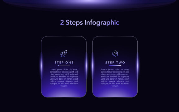 Dark tech infographic with two step process, purple neon gradient glassmorphism style for AI, business, fintech, workflow, data analytics, technology and digital presentation projects.