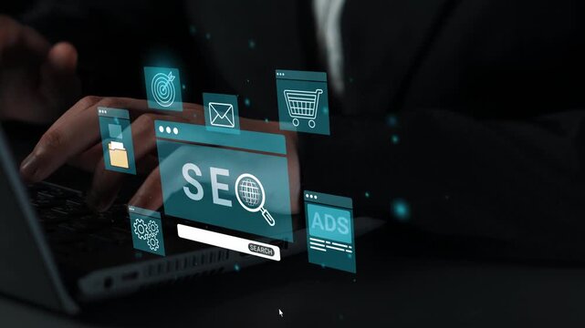 Hands Typing on Laptop with Focus on SEO and Digital Marketing Icons Representing Online Strategies for Business Growth and Visibility Enhancement. Entropy.