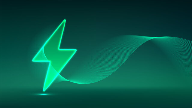 Green energy lightning bolt background with glowing neon light waves abstract sustainable clean power electric technology fast charging and eco environment concept