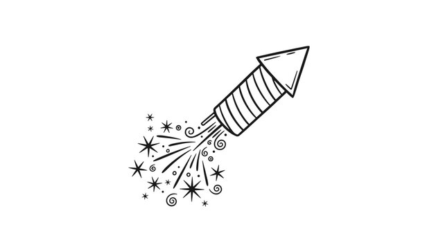 Hand-drawn sketch of a festive firework rocket soaring upwards with a playful trail of stars and sparks on a white background.