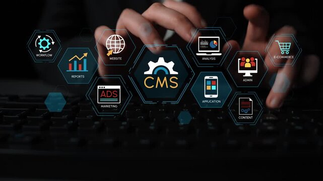 Business Professional Working on a Digital Interface Featuring CMS, Data Analysis, E-Commerce, and Online Marketing Strategies for Enhanced Workflow. Entropy.