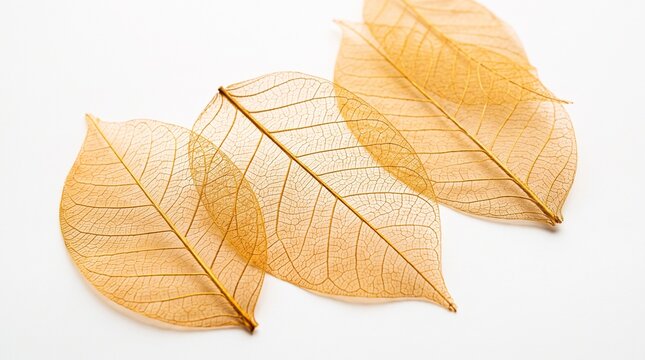 Dry leaf skeletons rest side by side against a clean white backdrop.