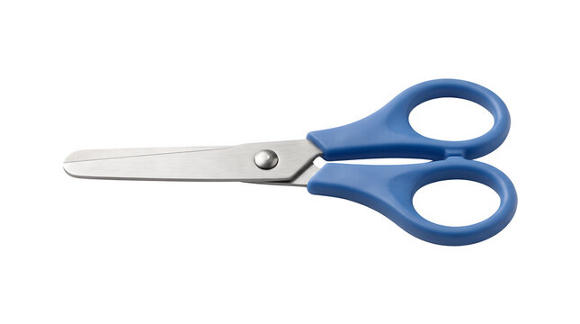 Blue handled safety scissors for kids, stainless steel school scissors on white background, craft cutting tool for education