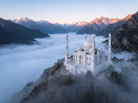 White mosque above mountain clouds at sunrise