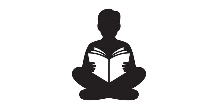 Reading book icon set, person reading open book symbol, in outline and solid silhouette style. Vector illustration. Children reading book silhouette set, kids sitting and standing with books, 