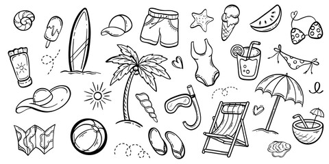 Naklejka premium Beach holiday doodle set hand drawn vector illustration