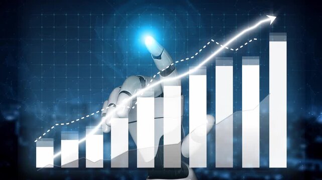 A creative representation of a robotic hand pointing at a rising graph, illustrating technological advancements in business analytics and future growth potential. Copula