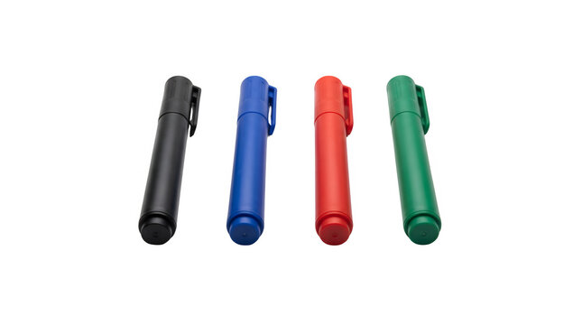 Colorful permanent markers set, four vibrant felt tip pens in black blue red and green, office stationery on white background