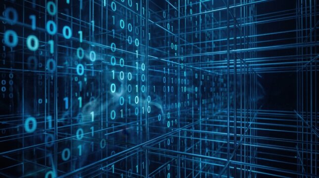 A visual representation of digital data as binary code flowing within a complex, futuristic wireframe grid structure, conveying themes of technology and information processing.