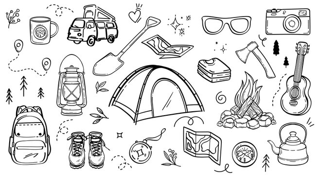 Camping doodle set hand drawn vector illustration
