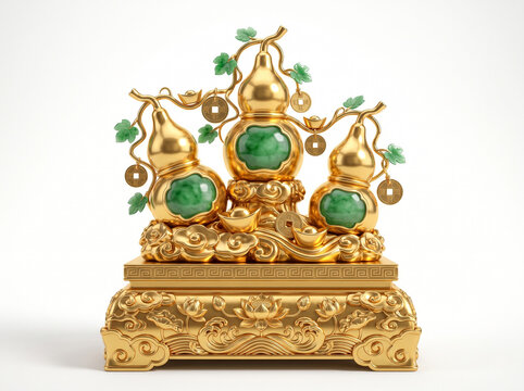 Opulent Chinese feng shui wealth protection sculpture showcasing three luxurious golden Wu Lou gourds with emerald jade panels resting upon a detailed carved golden pedestal

