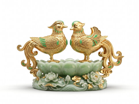 An elegant Chinese feng shui sculpture featuring 24K gold and emerald jade Mandarin ducks symbolizing love and marriage standing beside a stylized pond with lotus

