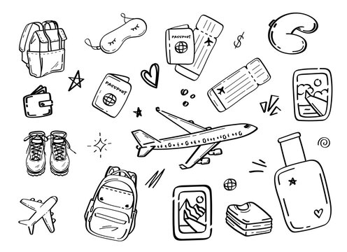 Airplane travel doodle set hand drawn vector illustration