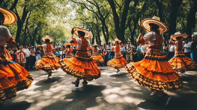 Women in vibrant traditional dress dancing in a park.