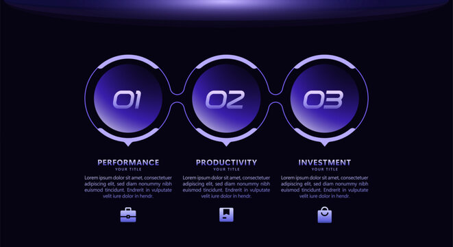 Dark technology infographic process diagram with a modern look, purple gradient, dark background, bright neon outlines, glowing elements, clean layout, and a futuristic 3 point business process.