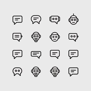 Collection of chatbot and speech bubble line featuring robot faces and messaging symbols for digital communication on white background