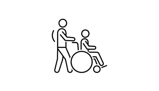 Outline style vector icon of a person pushing another person in a wheelchair representing medical assistance or care.