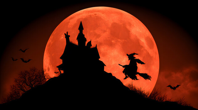 Black silhouette of a witch flying on a broomstick past a haunted house against a giant glowing red full moon with flying bats. Spooky Halloween night sky and eerie fantasy concept photo.