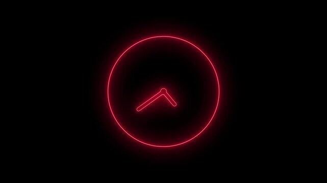 Minimal neon clock face glowing simple circular outline with two glowing hands pointing animation