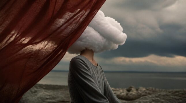 Surreal portrait of a person with a cloud for a head, standing by the sea under a stormy sky, abstract concept