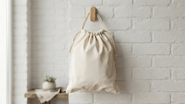 Minimalist Beige Cotton Drawstring Bag Hanging on a Wooden Peg Against a White Brick Wall for Sustainable Home Storage