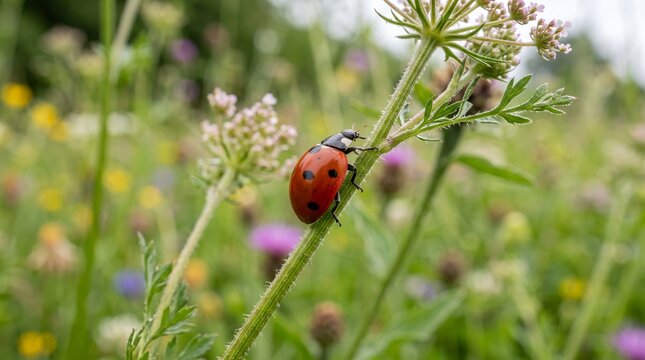 Ladybug on a wildflower stem in a meadow