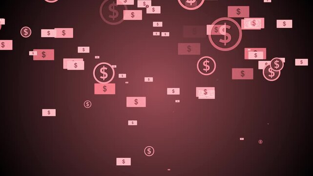 Dark background with scattered rectangular banknote icons and circular dollar symbols animation