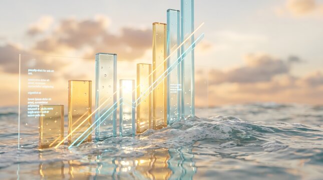 Green ESG investment chart rising from ocean at sunset