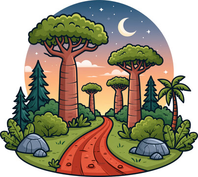 Vector cartoon landscape illustration of a path through a baobab tree forest at night with crescent moon isolated on transparent background.
