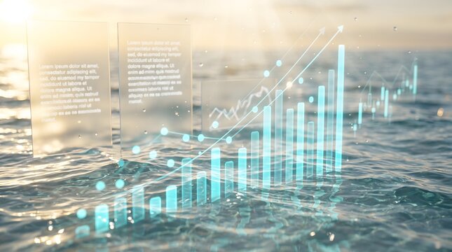 Green investment and ESG data charts rising above blue ocean water