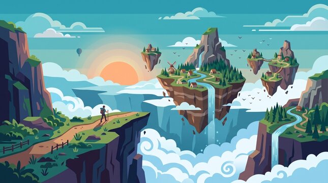 Fantasy landscape with floating islands and hiker
