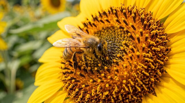 Honey bee collecting nectar on a bright yellow sunflower