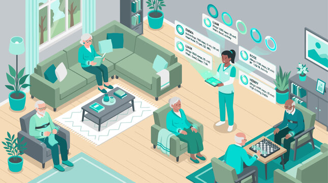 Isometric Smart Healthcare and Senior Care Monitoring System with Nurse Tracking Elderly Patients Vitals in Assisted Living Facility
