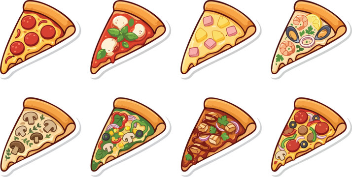 Colorful pizza slice sticker set with toppings and fast food vector illustrations for designs