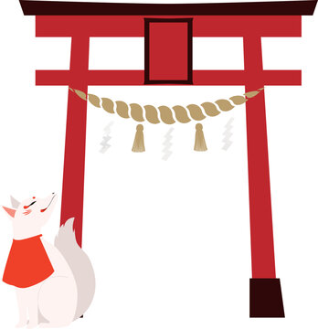 鳥居を振り返り見上げるお稲荷さんの狐｜日本の神社と神道をイメージしたベクターイラスト