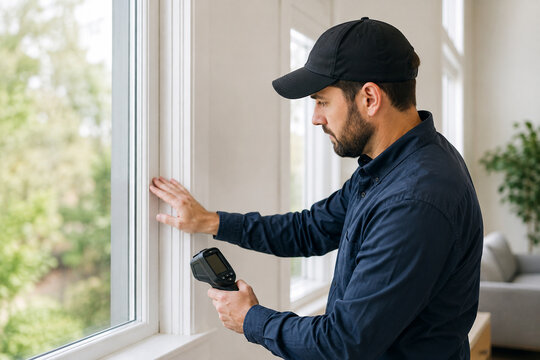 Home Energy Technician Checking Window Insulation Efficiency