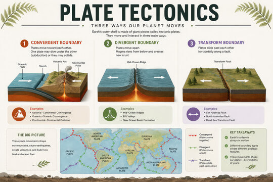 Plate Tectonics Infographic with Convergent, Divergent and Transform Boundaries
