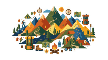 Naklejka premium Flat vector mountain hiking and camping adventure illustration