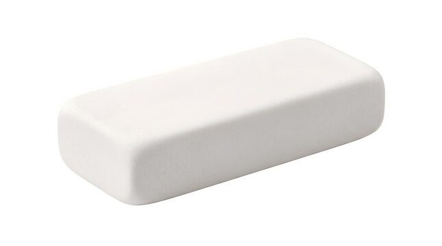 White rubber eraser isolated on white background, clean rectangular school eraser, professional office stationery for correction