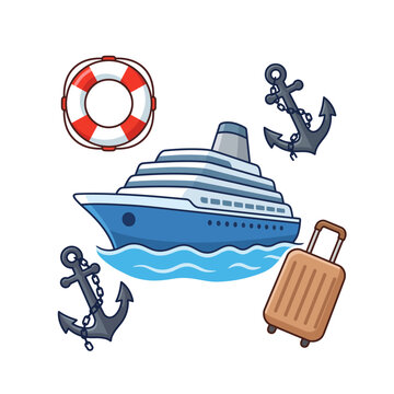 Cruise ship travel illustration set with liner, anchors, lifebuoy, and luggage isolated on white background