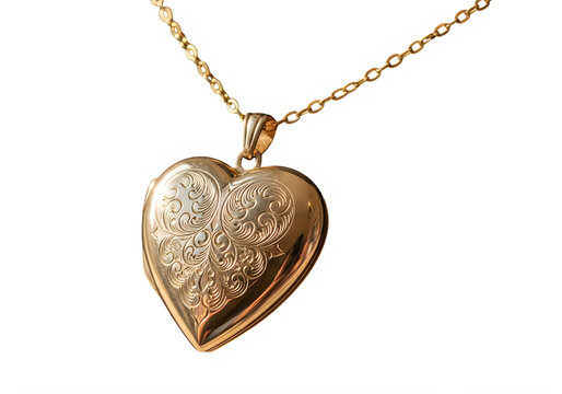Shiny gold heart locket necklace on a chain isolated on transparent background, isolated on white background