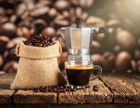 Burlap bag of roasted coffee beans next to espresso maker on wooden table with espresso caffeine beverage