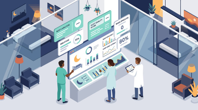 Isometric sleep laboratory with medical staff analyzing patient diagnostics on digital dashboard interface