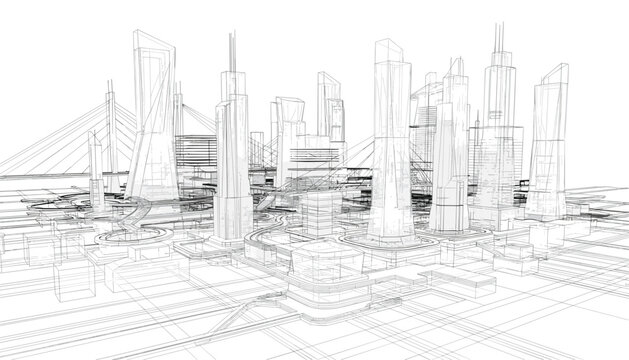 Futuristic city architecture wireframe sketch with modern skyscrapers and bridges on a white background.