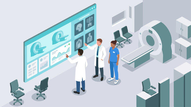 Isometric Doctors and Nurse Analyzing MRI and CT Scan Results on Large Digital Screen in Hospital