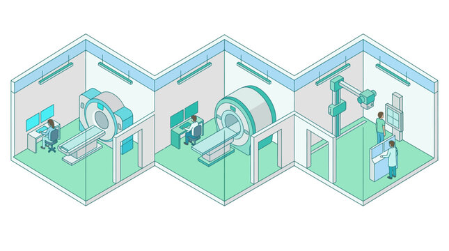 Isometric hospital radiology department with MRI machine, CT scanner room, and X-ray diagnostic imaging equipment