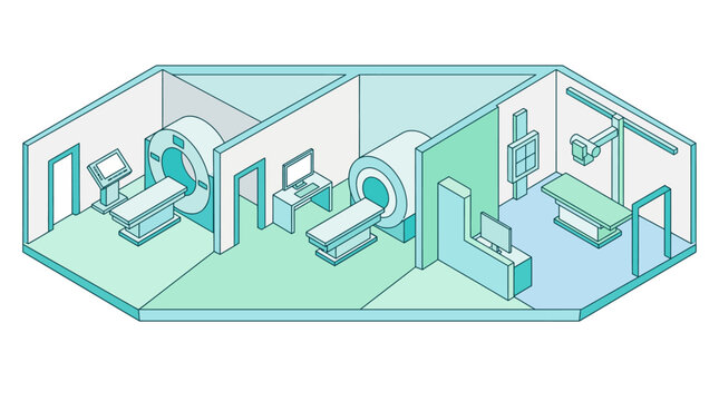 Isometric hospital diagnostic imaging department vector illustration with MRI scanner CT machine and X-ray examination room
