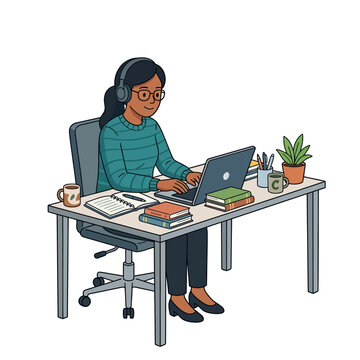 A young woman working on her laptop at a desk with headphones on, surrounded by books and plants, illustrating a focused work or study session