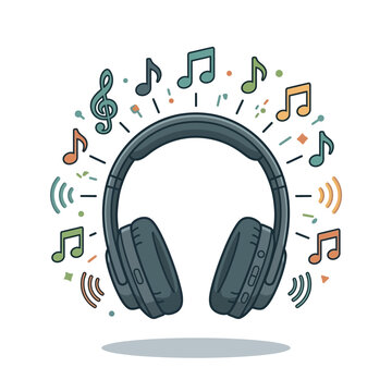 Over ear wireless headphones with musical notes sound waves vector audio illustration